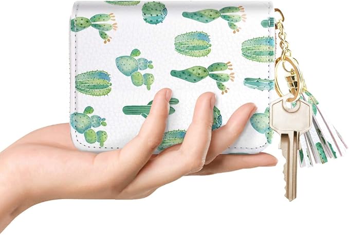 Coco Rossi Women's Small Credit Card Wallet RFID Cute Cactus Card Holder for Women with Kaychain & Keyring, Cactus