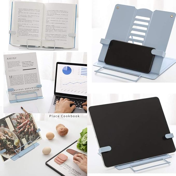 Metal Adjustable Book Stands, Adjustable Reading Stand Book Holder Stand Cookbook Reading Desk Portable Sturdy Bookstands - Music Books Textbooks Recipe, Blue