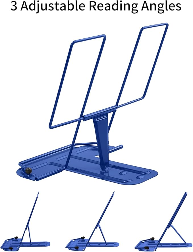 MSDADA Metal Book Stand for Desk, Adjustable Reading Rest Book Holder, Portable Cookbook Documents Holder, Sturdy Typing Stand for Recipes Textbooks Tablet Music Books with Page Clips (Blue)