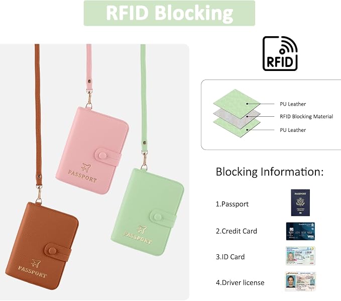 Passport Holder RFID Protected Wallet and Luggage Tag with Protection Cover Travel Accessories Leather Card Case Organizer for Women Men (Green)