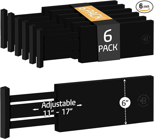 6-Pack Drawer Dividers 6 Inch High, 11??17" Adjustable Bamboo Organizers Large Expandable Drawer Separators for Cloths, Dresser, Bedroom, Bathroom, Baby Drawer, Office & Kitchen Utensils (Black)