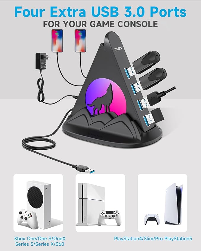 Powered USB Hub 3.0, 6-Port Hub(4 USB 3.0 Data Ports + 2 Smart Charging Ports) with 48W AC Adapter, RGB Light, Base, Compatible with PC, Laptop, Mac, External Hard Drives, PS4, Fast Charging for Phone