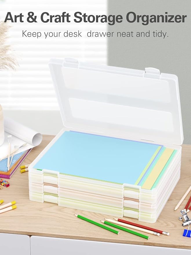 4-Pack A4 Plastic Paper Organizer Box, Scrapbook Storage for 8.5” x 11” Letter Papers, Portable Document Holder, Photo Storage Box Sticker Art Supplies Organizers, 12.2” x 8.9” x 0.7” Inner Size