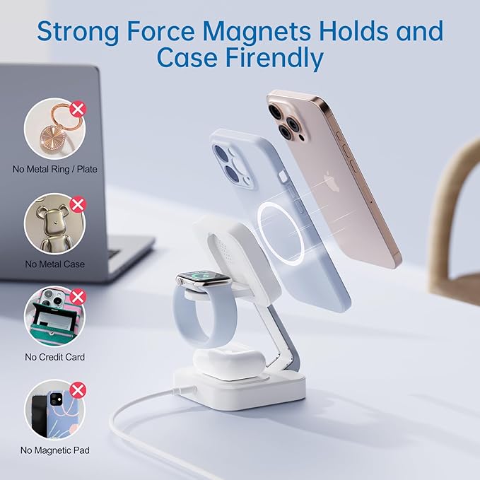 RYND 2026 Traveling Wireless Mag-Safe Fast Charging Station,Magnetic 3 in 1 Charger with iPhone 17 16 15 14 13 12 Pro Max Plus,Apple Watch Series & Air pods 4 3 2 Pro-Gifts for Wife & Husband(White)