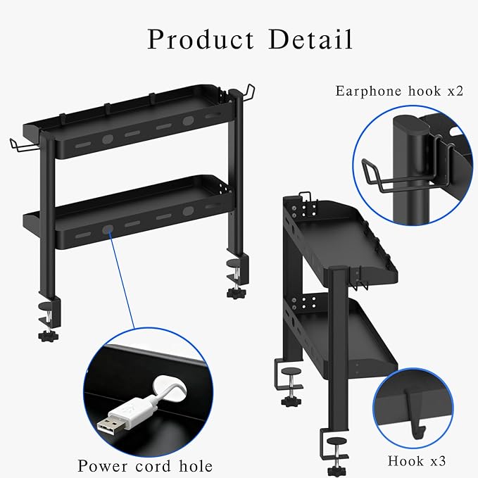Clamp on Desk Shelf, 17in 2-Tier Office Desk Shelves Organizer, Small Shelf for Top of Desk with Headphone Holder and Hooks, Desktop Storage Rack for Home Workspace, Study Rooms, Gaming Accessories