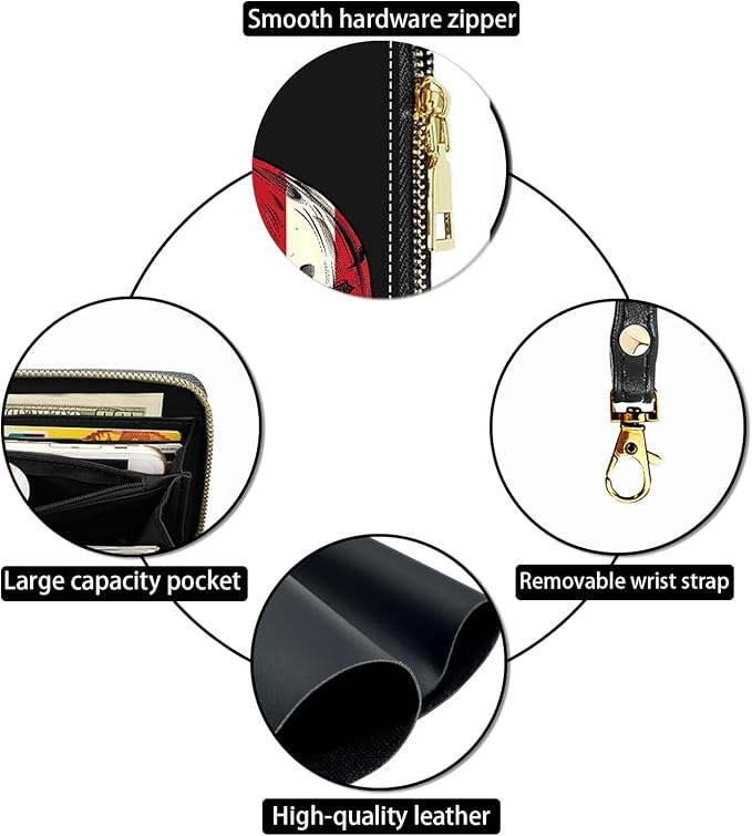 Women's Large Capacity Wallet PU Leather Zip Around Clutch Purse Multifunctional Wallet with Removable Wristlet Strap for Smart Phone/Coin/Card/Cash - American Flag Skull