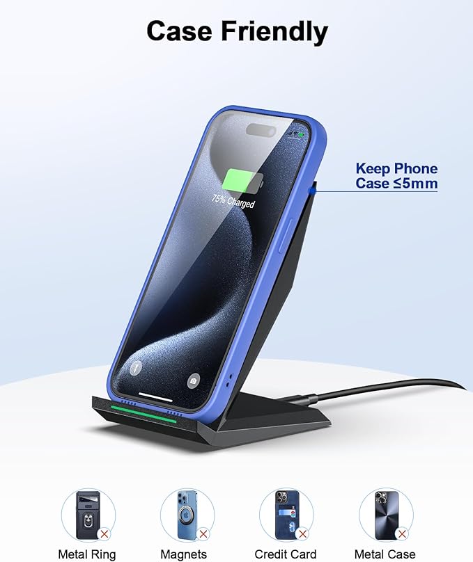 Fast Wireless Charger, NANAMI Wireless Charging Stand Compatible iPhone 17/17 Air/16/15/15 Pro/15 Plus/15 Pro Max/14/13, Nightstand Phone Charger Dock for Samsung Galaxy S26/S26+/S25/S24/S23/S22