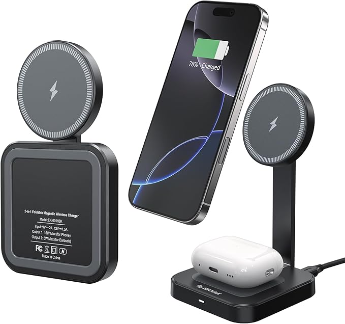 Esoulk 2 in 1 Magnetic Wireless Charging Station, Foldable Charger Stand for iPhone 17/16/15/14, AirPods Charging Pad, Travel Compact 15W Fast Wireless Charger