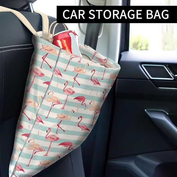 Car Trash Can, Cute Car Trash Bag, Hanging Car Organizer and Storage Bag, Trash Bin for Car Accessories, Vehicle, Travelling, Camping Cute Pink Flamingos