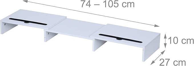 Relaxdays Monitor Stand, 2 Monitors, Extendable Segments, Width 74-105 cm, Ergonomic Screen Riser, White