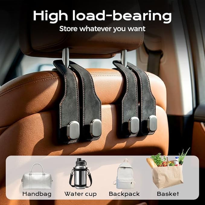 2026 New Headrest Hooks for Car, Car Seat Back Storage Hook, Leather Seat Back Storage Hook Organizer, Twin Hook Design Heavy Duty Holder for Purse, Bags, Handbag, Grocery, Umbrella (4, Brown)