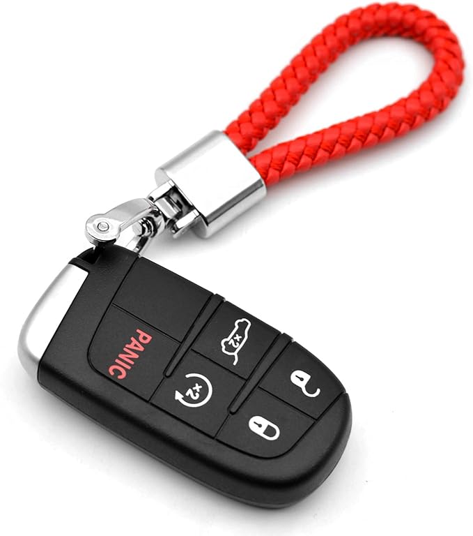 FEYOUN Universal Red Leather Car Fob Keychain Metal Keyring Woven Strap Braided Rope Key Chain for Men and Women - Silver Color, with 360 Degree Rotatable D-ring and Screwdriver