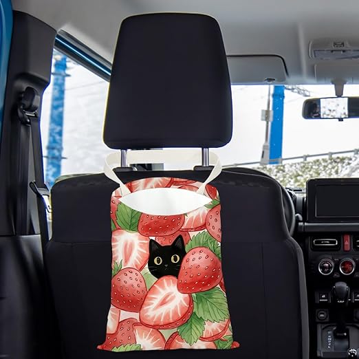 Black Cat Car Trash Bag, Strawberry Car Trash Bag Hanging, Strawberry Accessories, Summer Decor Waterproof Cars Back Seat Hanging Organizer Garbage Can for Vehicle Travelling Camping