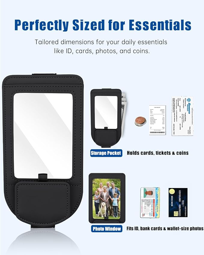 Car Visor Sunglasses Holder, 3 in 1 Glasses Clip with Photo Picture Display & Extra Storage Pocket, Anti-Slip Universal Sun Visor Organizer, 2026 Upgraded (1, Black)