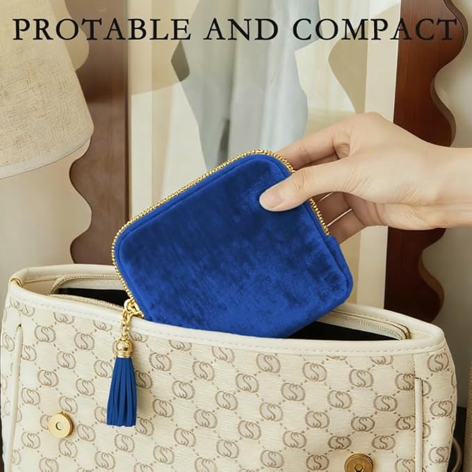 Small Jewelry Travel Case, Portable Travel Jewelry Organizer Soft Velvet Organizer Pouch Mini Travel Jewelry Bag with Zipper for Earring Crystal Bracelet Ring,Anti-Scratch(Royal Blue)