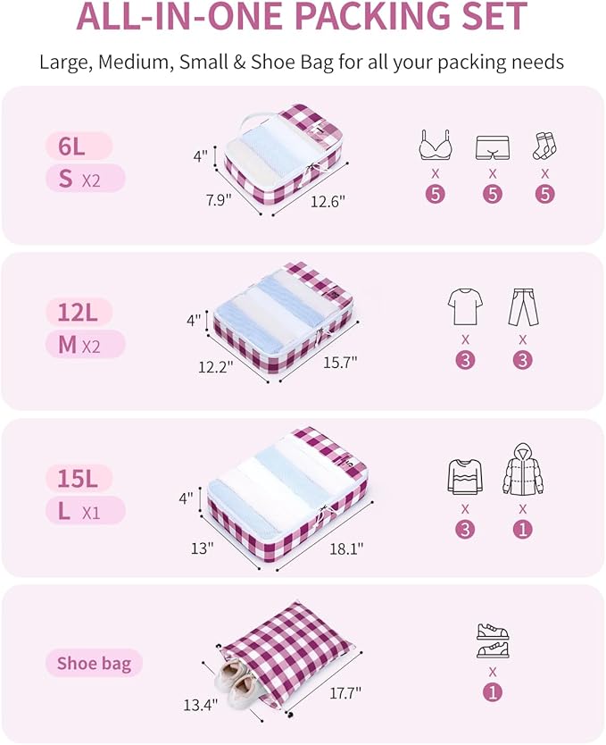 ECOHUB 6 Set Packing Cubes for Travel Durable Suitcase Organizer Bags Set with Personalized Tag Travel Essentials with Shoe Bag Traveling Accessories for Luggage Machine Washable,Wine Red