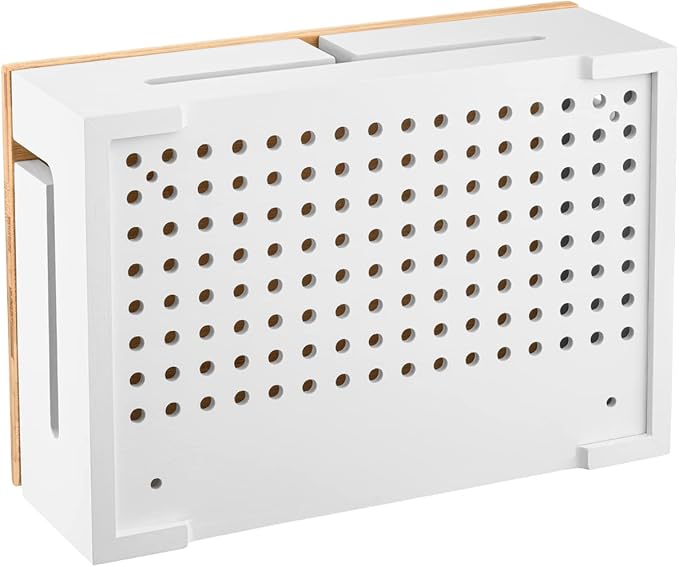 Bamboo Cable Management Box with Magnetic Lid - 12,6x7,8x4.3 in - Durable Cable Organizer to Hide Cords & Power Strip - Wall Mountable - Including Hardware - for Home, Office, Desk & More (White)