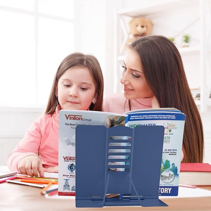 Honagu Book Stand Metal Desk Book Holder, Book Holders for Reading Hands Free, Adjustable Cookbook Documents Holder, Portable Bookstand for Music Books, Textbook, Recipe, Tablet, Ipad (Royal Blue)
