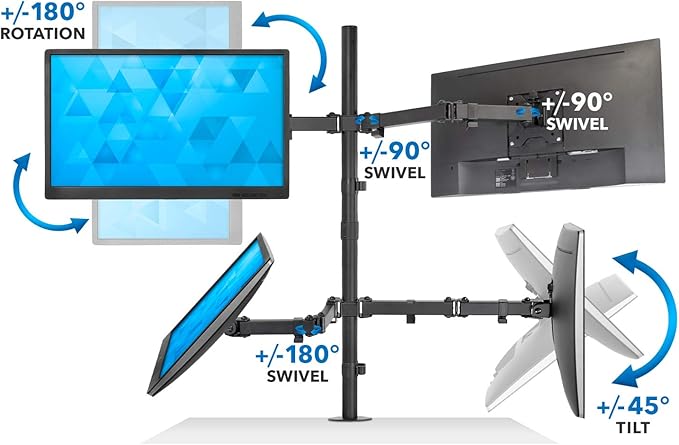Mount-It! 4 Monitor Stand for Desk | Quad Monitor Desk Mount with Height Adjustable Pole | Fits Four 13??2 Inch Screens, VESA 75x75 & 100x100, Tilt Swivel Rotate, Clamp or Grommet Base