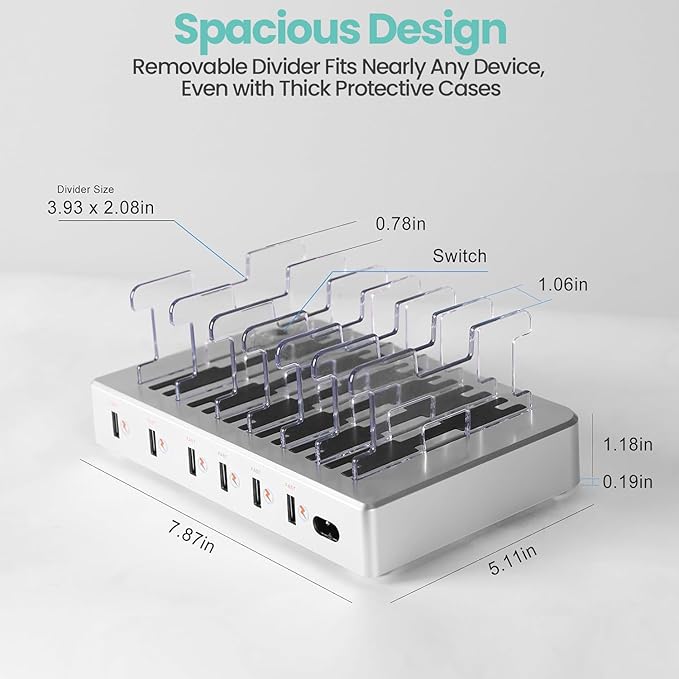 300W Fast Charging Station for Multiple Devices, 6 Port USB Charging Hub, Universal Desktop Charger Organizer Compatible with iPhone iPad Android Phones Tablets Kindle Home Office Travel
