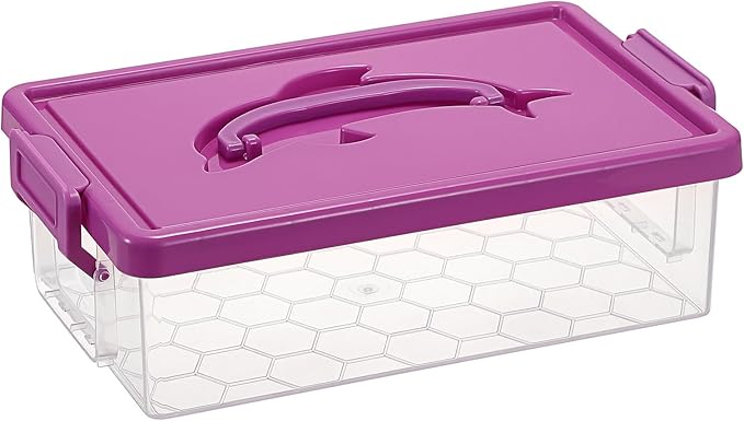 BTSKY 1-Pack Clear Plastic Storage Box with Lid, Stackable Organizer Featuring Easy-Lift Dolphin Design, Multi-Use Portable Container for Home, Craft, Office, Space-Saving with Secure-Clasp, Purple