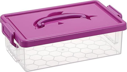 BTSKY 1-Pack Clear Plastic Storage Box with Lid, Stackable Organizer Featuring Easy-Lift Dolphin Design, Multi-Use Portable Container for Home, Craft, Office, Space-Saving with Secure-Clasp, Purple