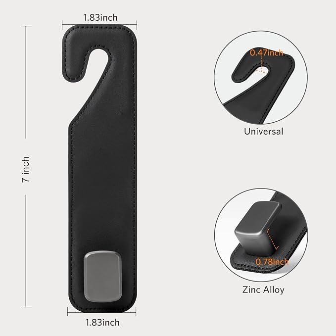 CoBak Headrest Hooks for Car - Universal Premium Stitched Leather and Aluminum-Magnesium Alloy Single Car Seat Back Storage Hook for Purses, Handbags, Bags (2 Pack),Black
