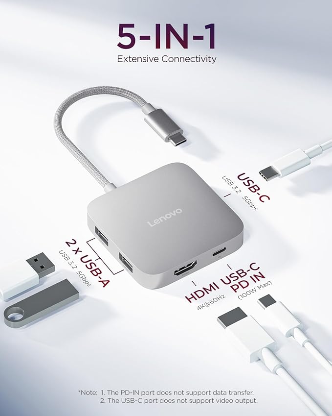 Lenovo USB-C 5-in-1 Travel Hub, 90W Power Delivery, 4K 60Hz HDMI, Dual USB-C and USB-A Ports, Plug and Play, Compact, Silver Grey
