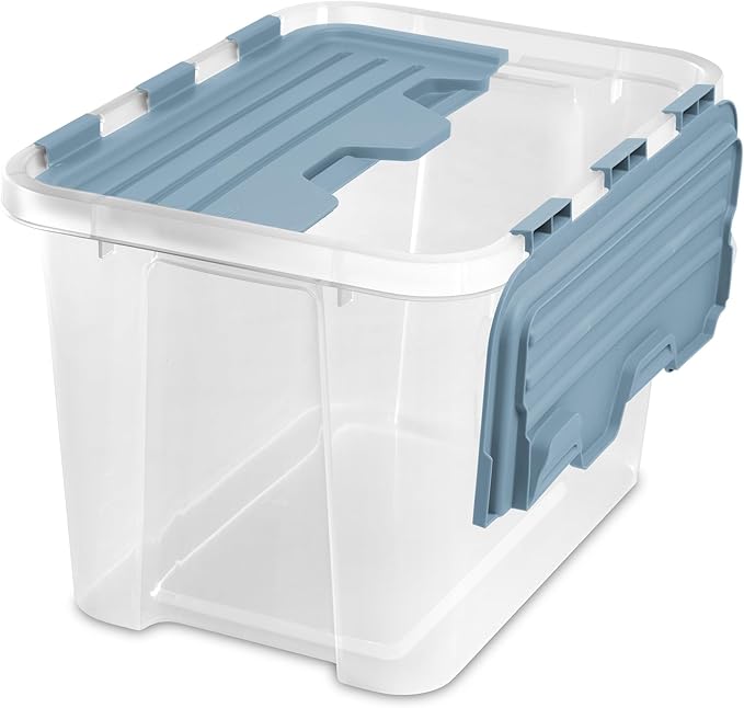 Sterilite 6 Pack Hinged Lid Storage Box, 30 Qt Plastic Container, Washed Blue - Home Organizer Tote for Storing Shoes, Crafts, Clothing, or Decor