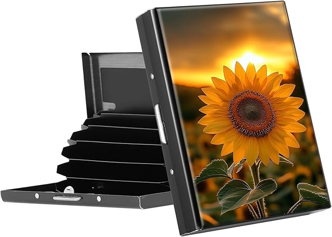 RFID Blocking Credit Card Holder - Slim Metal Wallet for Women & Men,Sunset Sunflower Design Stainless Steel Business Card Case,Compact Pocket Organizer for Travel & Daily Use
