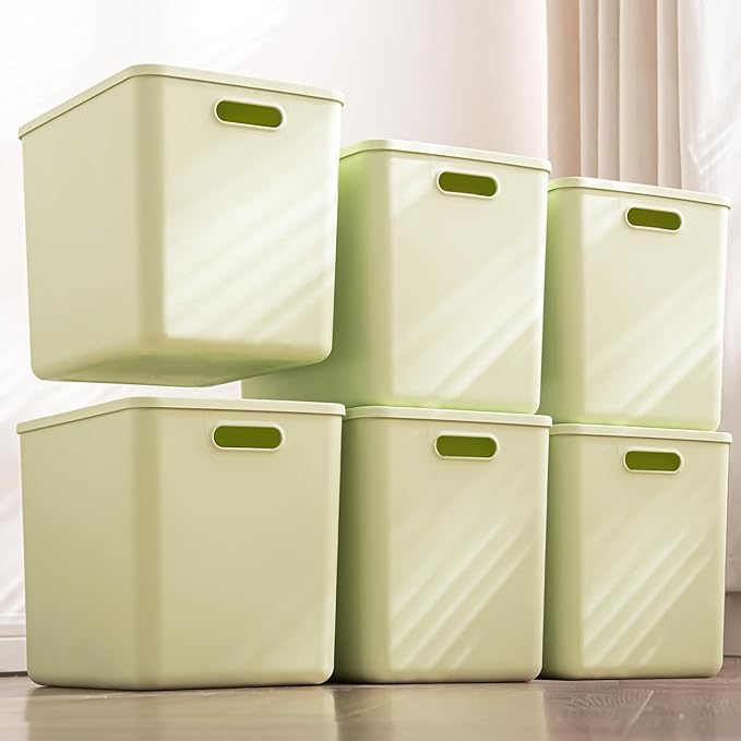 6 pack large plastic White storage bins with Lids, Toy Box Chest with Handle，Organizer Containers Baskets for Baby,Nursery，Shelves，Playroom, Bedroom，Office,Closet，home (Light Green, 6XL)