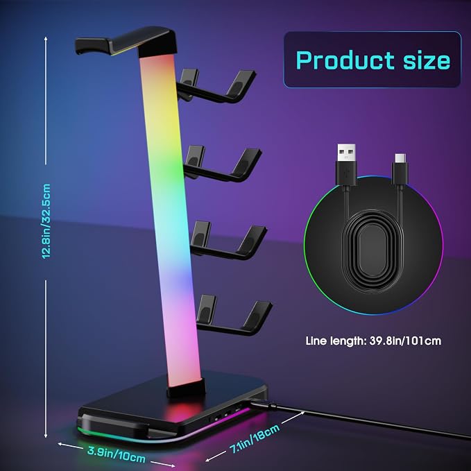 Gaming Headphones Stand with Charging Station, RGB Headset Stand with 10 Light Modes, 4 Controller Holder with 1 USB & 2 Type-C Charging Ports - Earphone Hook for PC Desktop Gamer Accessories Storage