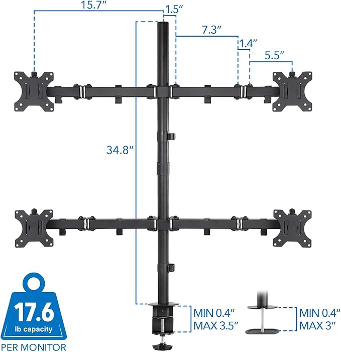 Mount-It! 4 Monitor Stand for Desk | Quad Monitor Desk Mount with Height Adjustable Pole | Fits Four 13??2 Inch Screens, VESA 75x75 & 100x100, Tilt Swivel Rotate, Clamp or Grommet Base