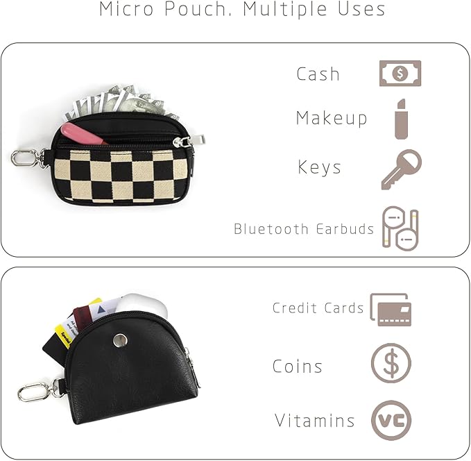 Checkered Dual Pouch Keychain Wallet for Women,Small Mini Zip Leather Coin Purse with Wrist Strap,wristlet hangbags,Black