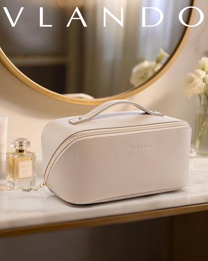 VLANDO Makeup Bag,Travel Toiletry Bag,Cosmetic Bag for Women PU Leather Portable Make up Bag for Skincare, Brushes & Travel Essentials-Toffee