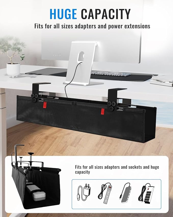 48" No Drill Under Desk Cable Management Tray - Upgraded Oxford Fabric with Cable Loop, No Damage to Table for Standing Desks and Home Office (Extra Large (48 Inch))