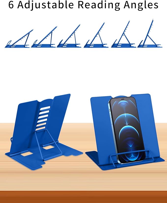 MSDADA Small Desk Book Stand Metal Reading Rest Book Holder Adjustable Cookbook Documents Holder Portable Sturdy Bookstands for Recipes Textbooks Tablet Music Books(Deep Blue）