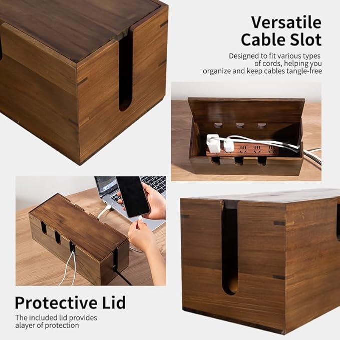 Large Cable Management Box, Wooden Cord Hider Desk Organizer, Power Strip and Cord Hider Box, Surge Protector Floor Cable Organizer, for Desktop Home Office Kitchen