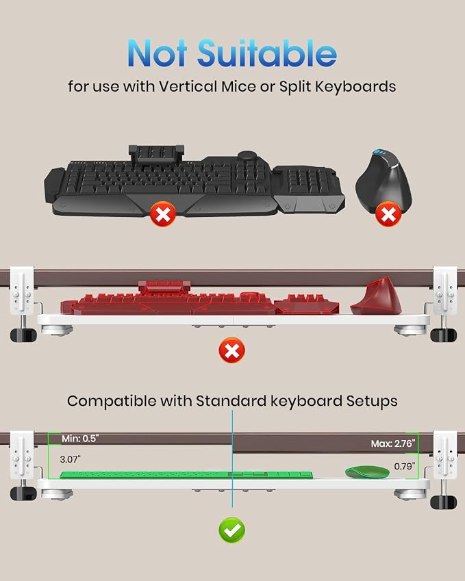 Large Keyboard Tray Under Desk, Pull Out Keyboard & Mouse Tray with Adjustable C-clamp, 25.6(31.5 Including Clamps) x 11.8 Inch Slide Out Computer Keyboard Drawer Mouse Tray for Typing, White