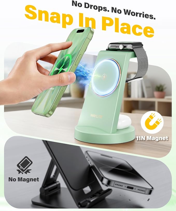 3 in 1 Fast Charging Station for iPhone, 25W Wireless Magnetic Phone Charger for iPhone 17 16e 16 15 14 13 12 Serise, Watch Charger Stand, Wireless Charging Station for AirPods 4 3 Pro, Green