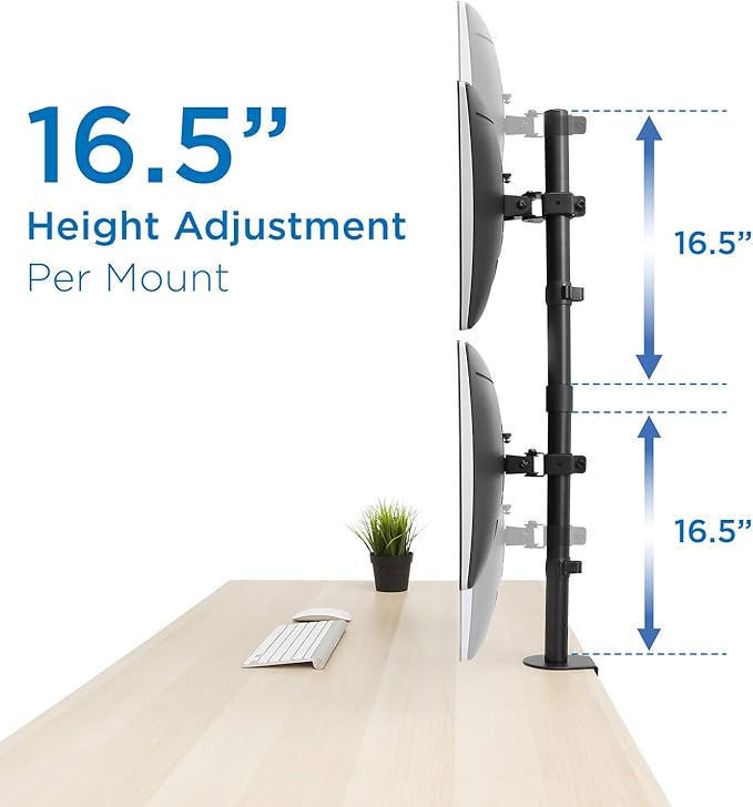 Mount-It! Vertical Dual Monitor Mount | Stacked Monitor Desk Stand | Fits 2 Computer Screens 19 20 21 22 23 24 27 32 Inches | C-Clamp and Grommet Bases | VESA 75 100 Compatible