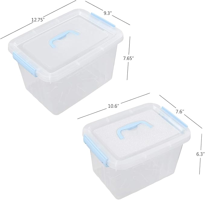 Hespama 2 Pack Lidded Storage Bin, Plastic Latching Container Box with Handle, 12 Quart & 6 Quart