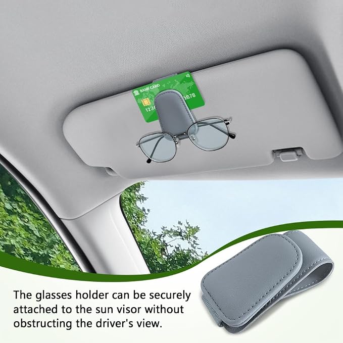 Sunglass Holder for Car, Sunglasses Clip for Car Visor, Magnetic Leather Vehicle Eyeglass Hanger Clip, Auto Ticket Card Glasses Organizer Clamp Accessories for SUV Sedan (Light Gray)