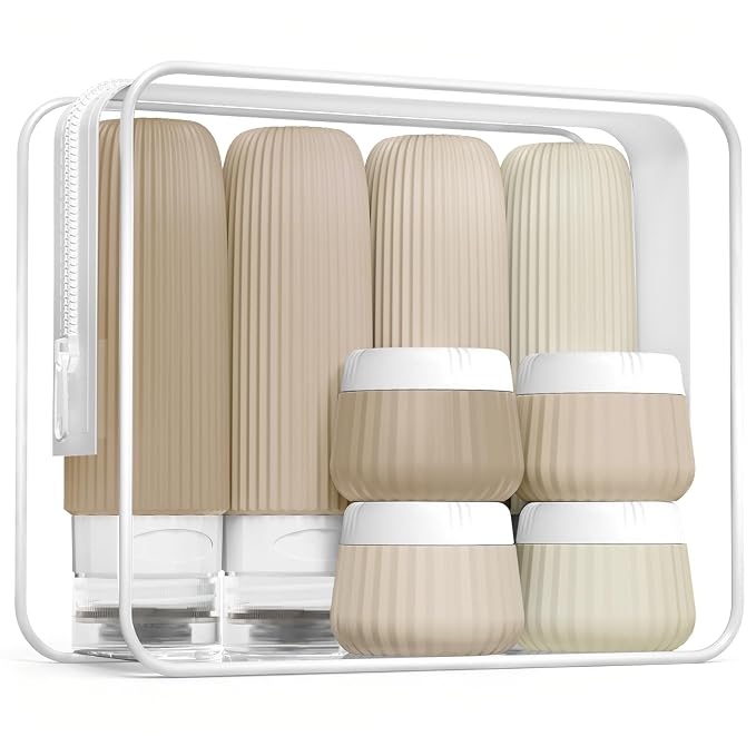 Mrsdry Travel Bottles for Toiletries 8 Pack, Tsa Approved Travel Size Toiletries 3 oz, Travel Containers for Toiletries, with Clear Bag, Leak Proof Silicone Squeezable Travel Essentials Creams Jars