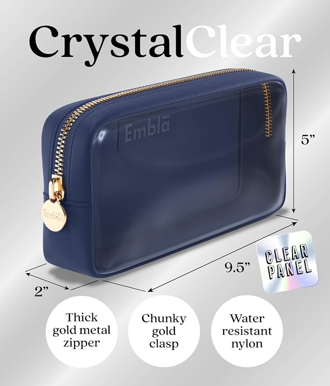 Embla Medium Clear Makeup Bag Travel for Toiletries Cute Make Up Nylon Organizer Pouches Quart Size Cosmetic Bags for Women Girls Zipper Toiletry Skincare Pouch Organizer for Purse Navy Blue