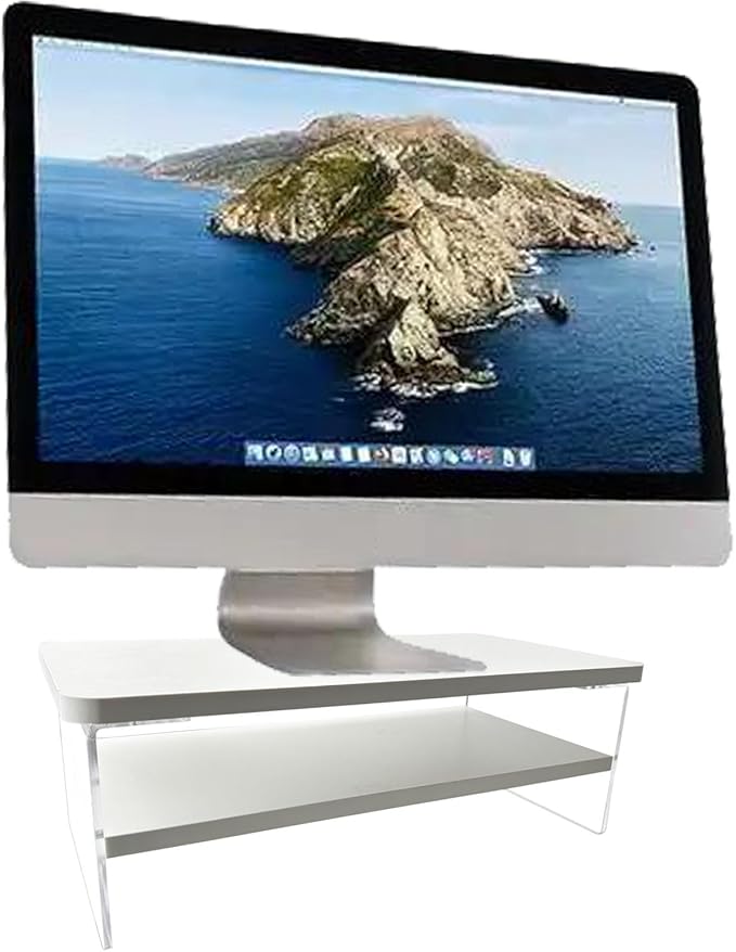 TINOMAR Monitor Stand Riser, 2 Tier Wood and Acrylic Computer Monitor Stand Riser for Desk for iMac, PC, Laptop, Ergonomic White Monitor Stand for Home and Office, 15.75 Inch