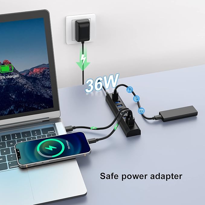 RAOYI Powered USB 3.0 Hub, 8 Ports High Speed USB 3.0 Hub Splitter with 36W Power Adapter, 3.3ft Cable and Smart Fast Charger USB Hub for Laptop, PC, Mobile HDD, Mulitple Devices (Black)