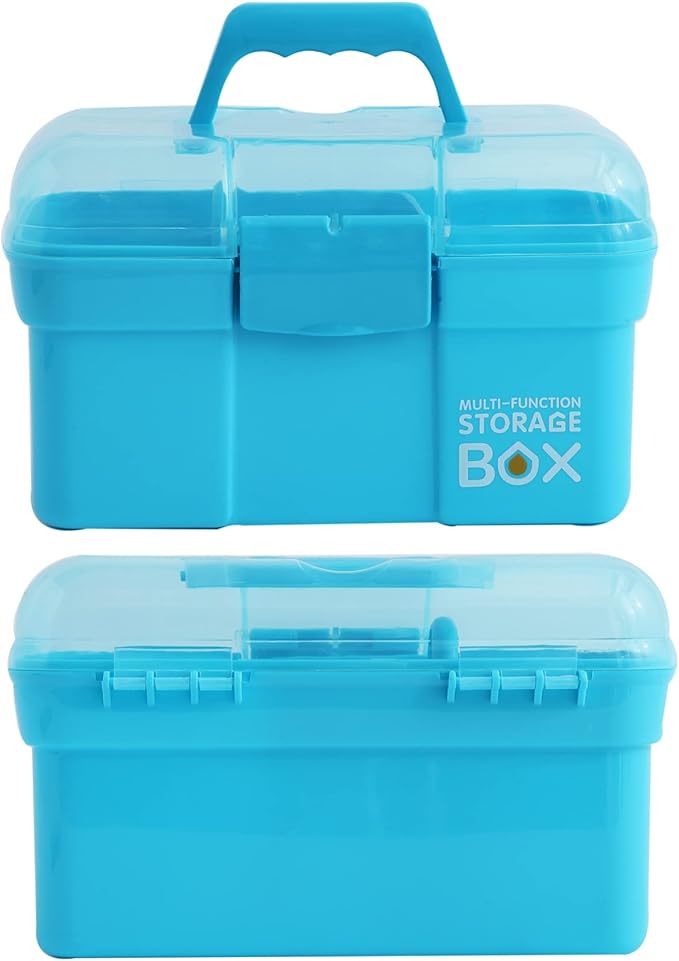 Kinsorcai 11'' Plastic Storage Box with Removable Tray, Multipurpose Organizer and Storage Case for Art Craft and Cosmetic (Blue)