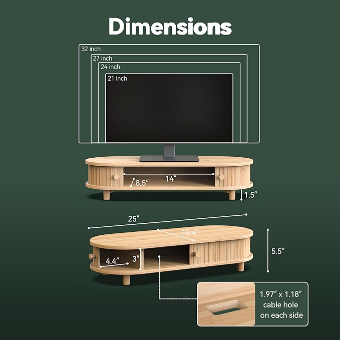 Bamboo Monitor Stand with Storage, Curved Computer Laptop Stand Desk Shelf Organizer with Sliding Doors (25 inch)