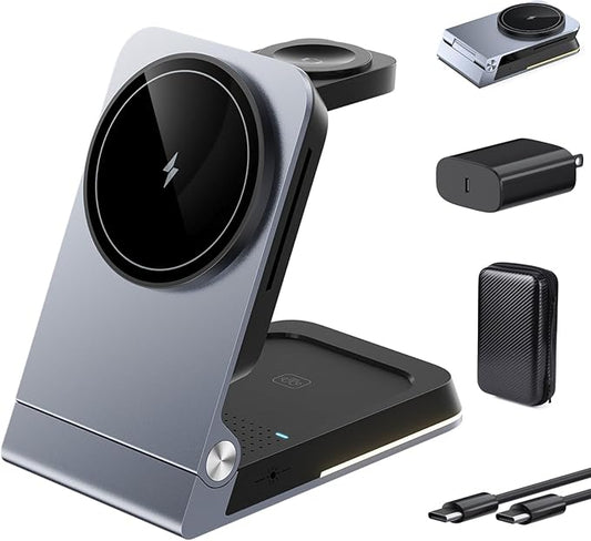 Foldable Wireless Charger 3 in 1 - Magnetic Wireless Charging Station for Apple Magsafe Charger Stand with Light,Aluminum Portable Travel Charger Dock for iPhone 17/16/15/14/13/12,Apple Watch,AirPods
